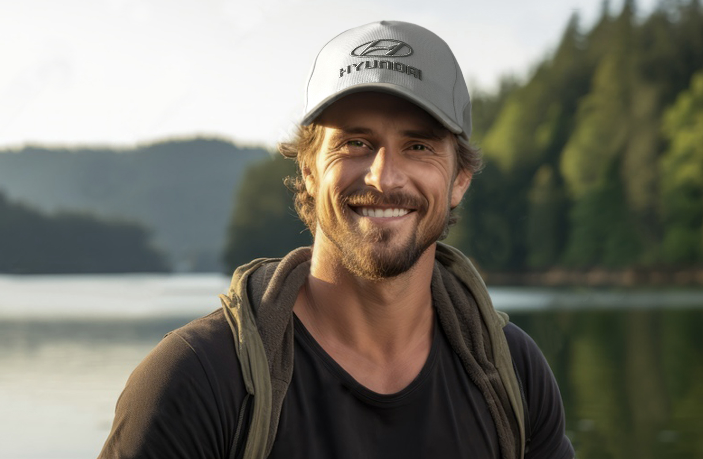 Nachhaltige Cap mit Logo von Hyundai Zufriedener Mann trägt eine nachhaltige Cap mit dem Logo von Hyundai